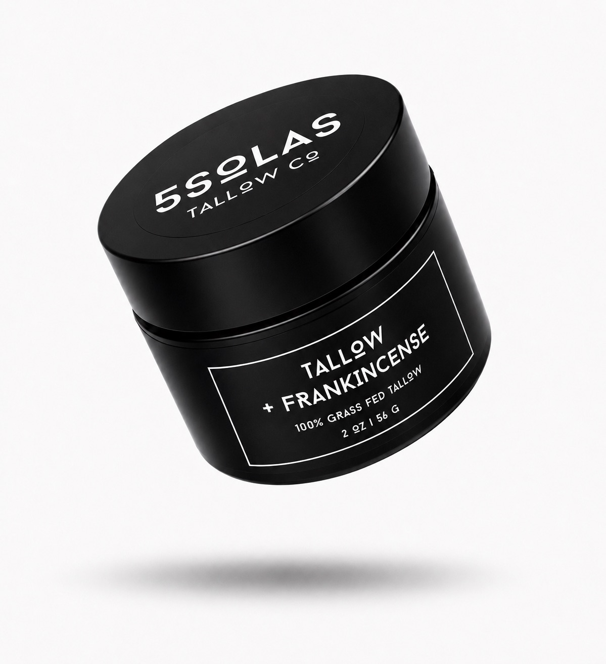 A black cylindrical cosmetic jar with a matching lid, floating at an angle on a light gray background. The lid and label are printed with white text reading '5SOLAS TALLOW CO' and 'TALLOW + FRANKINCENSE'.