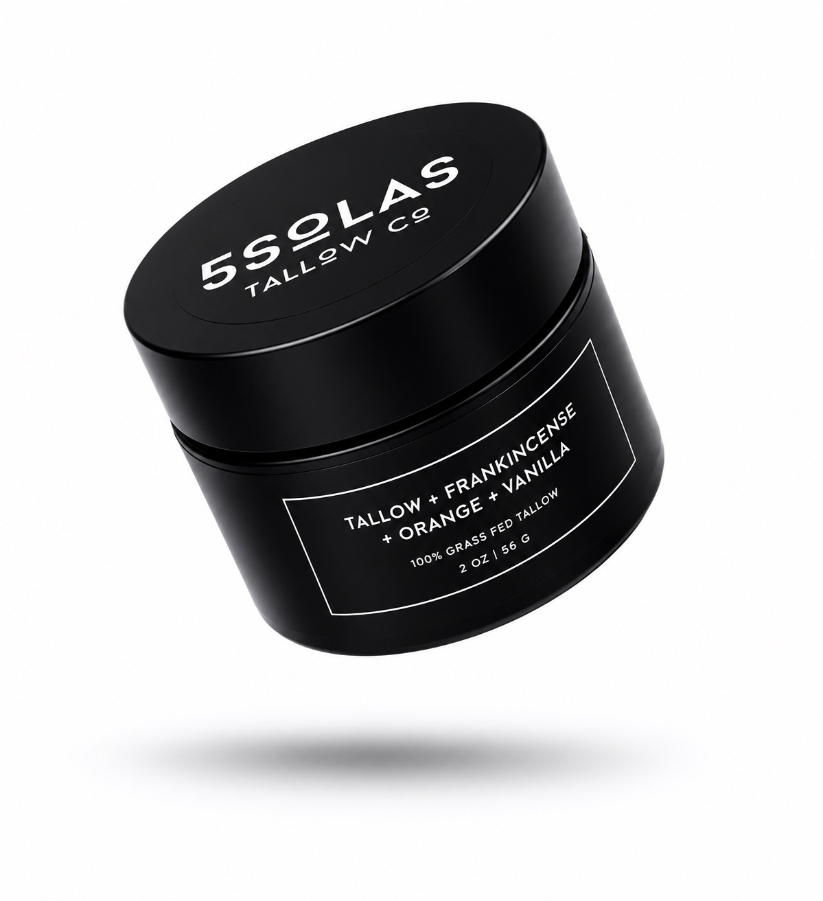 A black cylindrical cosmetic jar with a matching lid, floating at an angle on a light gray background. The lid and label are printed with white text reading '5SOLAS TALLOW CO' and 'TALLOW + FRANKINCENSE + ORANGE + VANILLA'.