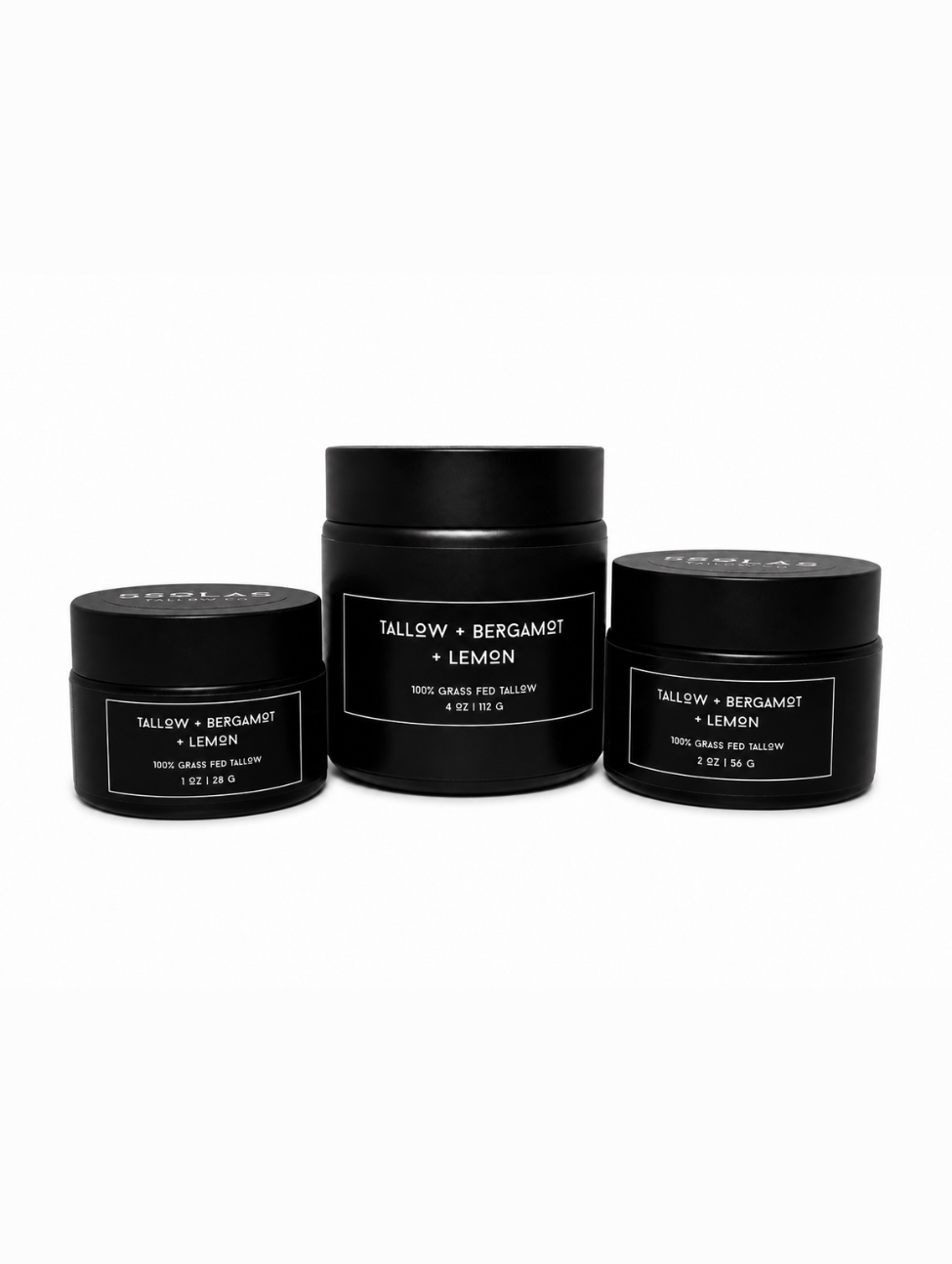 This image shows three 5SOLAS Tallow Co containers—1 oz, 4 oz, and 2 oz—each featuring the TALLOW + BERGAMOT + LEMON scent, arranged neatly next to one another in a minimalist display.