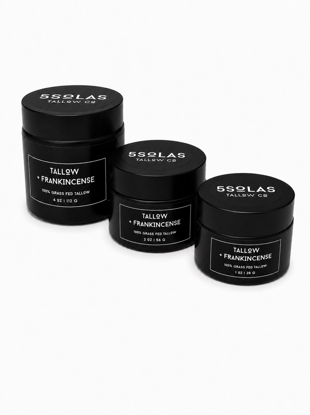 This image displays three 5SOLAS Tallow Co jars—4 oz, 2 oz, and 1 oz—featuring the TALLOW + FRANKINCENSE scent, arranged from largest to smallest in a minimalist black design.