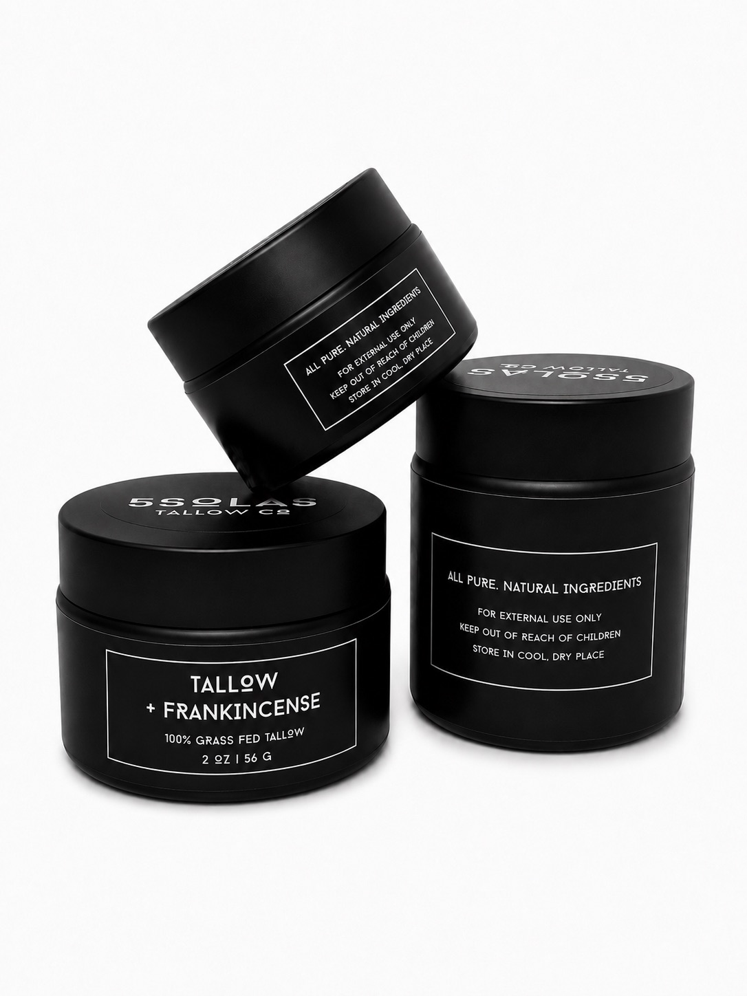This image features three 5SOLAS Tallow Co containers—4 oz, 2 oz, and 1 oz—in the TALLOW + FRANKINCENSE scent, with two jars placed side‑by‑side and the third positioned on top for a clean, elevated display.