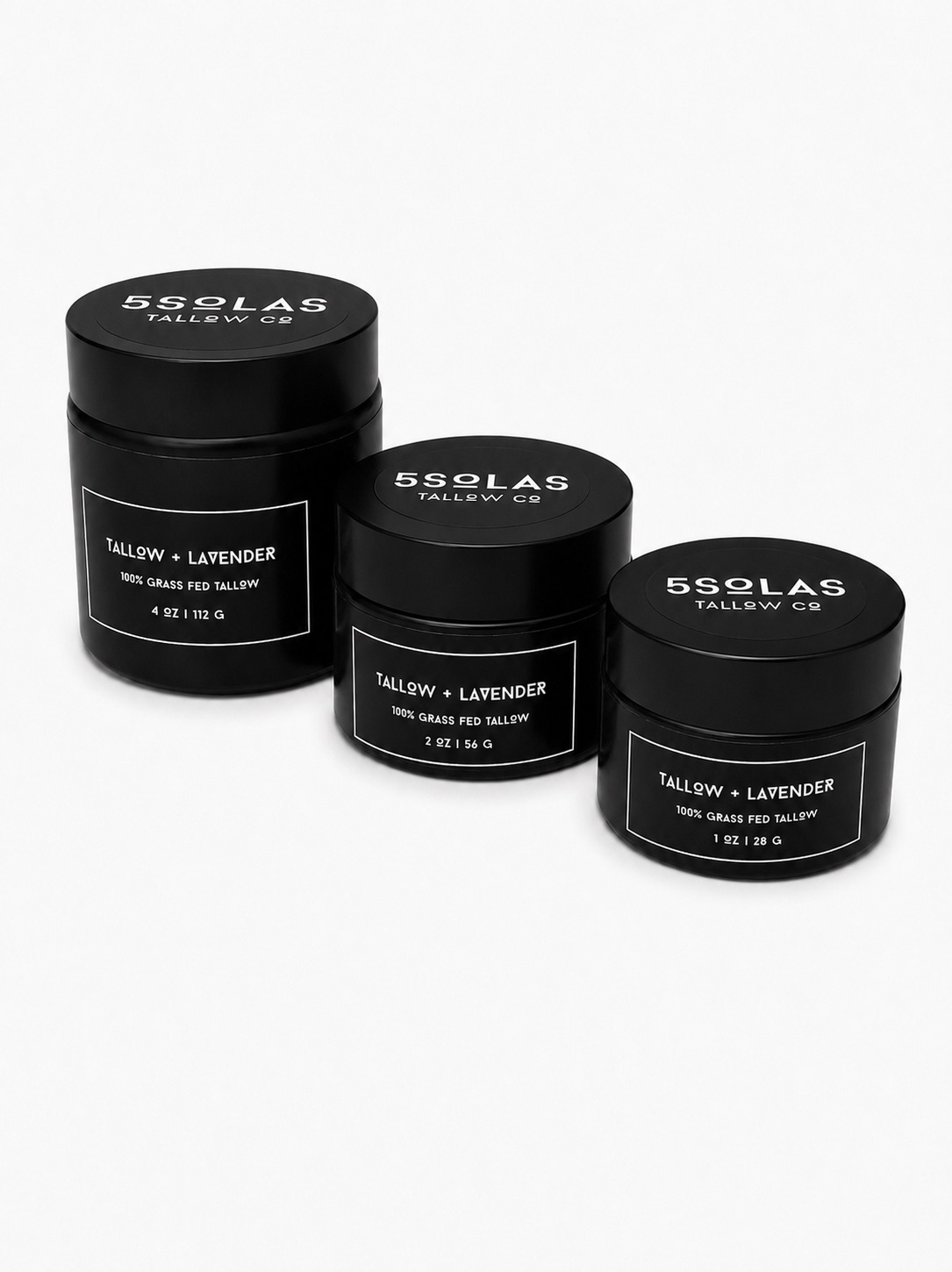 This image displays three 5SOLAS Tallow Co jars—4 oz, 2 oz, and 1 oz—featuring the TALLOW + LAVENDER scent, arranged from largest to smallest in a minimalist black design.