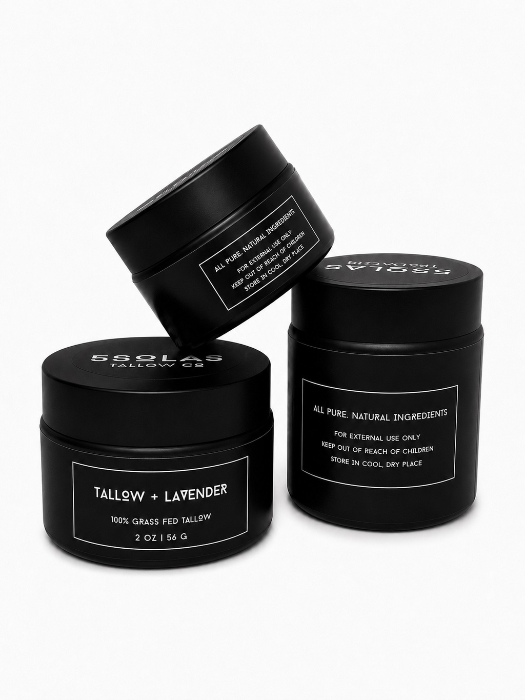 This image features three 5SOLAS Tallow Co containers—4 oz, 2 oz, and 1 oz—in the TALLOW + LAVENDER scent, with two jars placed side‑by‑side and the third positioned on top for a clean, elevated display.