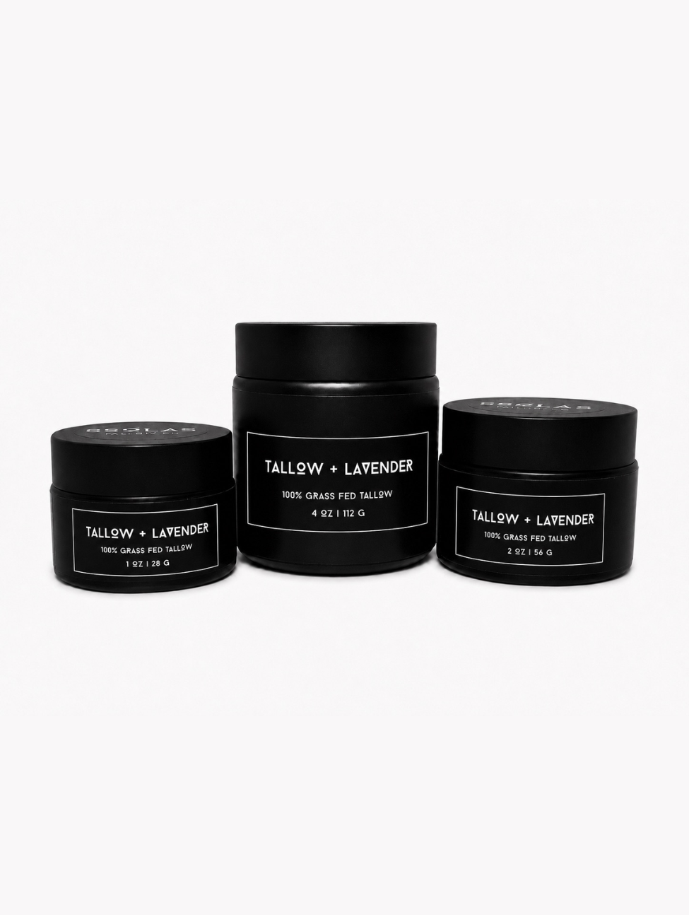 This image shows three 5SOLAS Tallow Co containers—1 oz, 4 oz, and 2 oz—each featuring the TALLOW + LAVENDER scent, arranged neatly next to one another in a minimalist display.