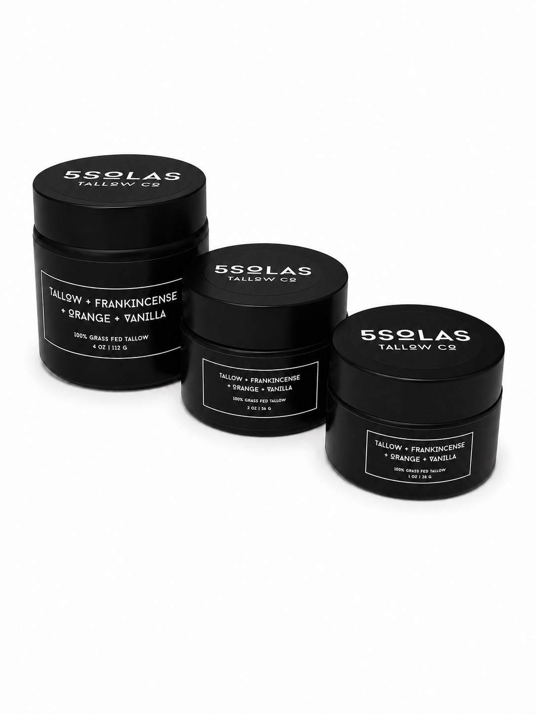 This image displays three 5SOLAS Tallow Co jars—4 oz, 2 oz, and 1 oz—featuring the TALLOW + FRANKINCENSE + ORANGE + VANILLA scent, arranged from largest to smallest in a minimalist black design.