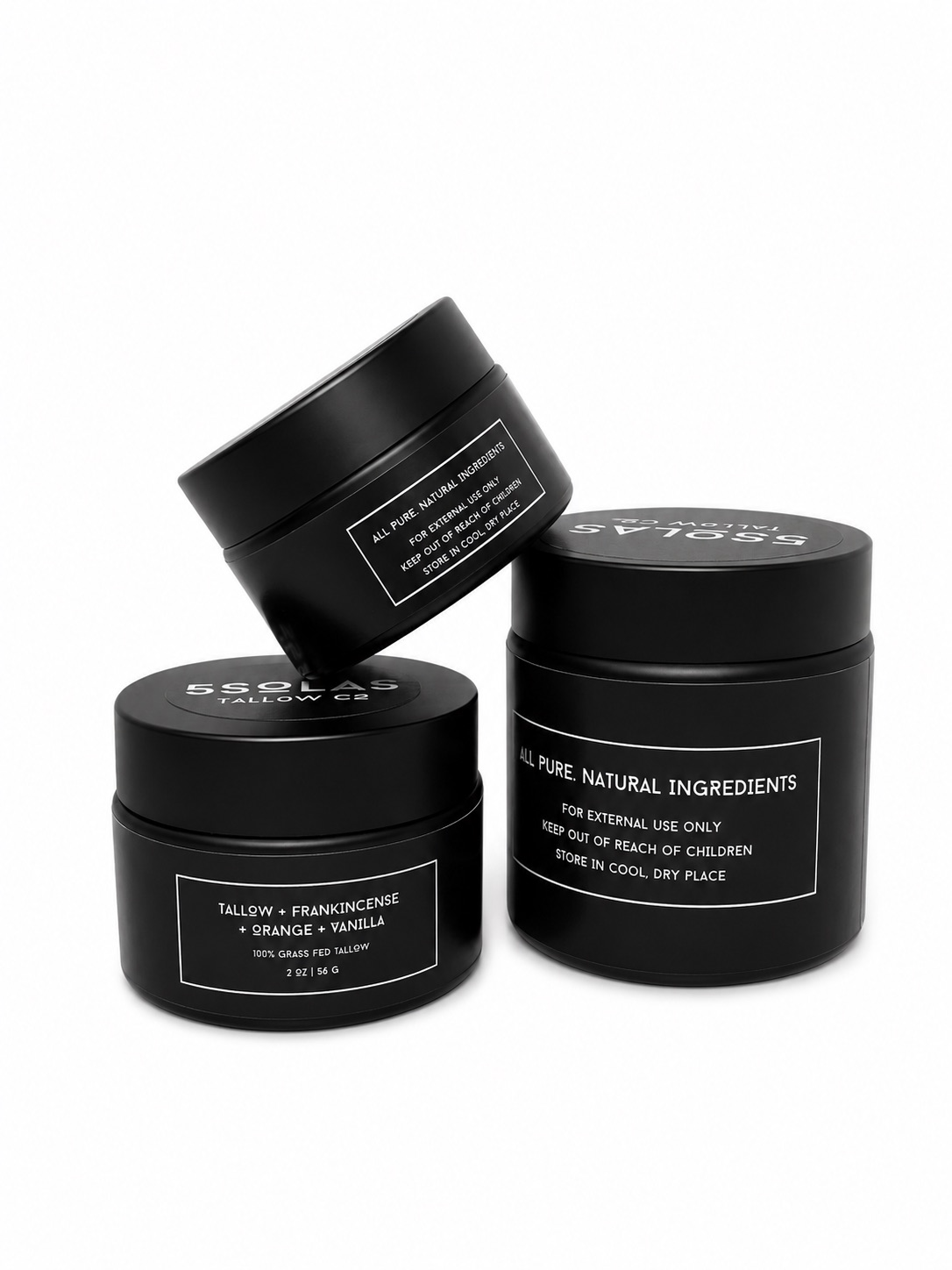 This image features three 5SOLAS Tallow Co containers—4 oz, 2 oz, and 1 oz—in the TALLOW + FRANKINCENSE + ORANGE + VANILLA scent, with two jars placed side‑by‑side and the third positioned on top for a clean, elevated display.